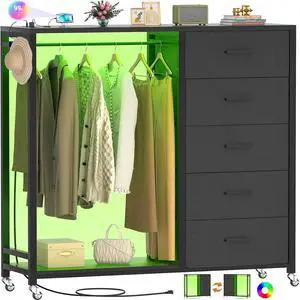 Dresser with Hanging Rack, 5 Fabric Drawers Dresser with Clothes Rack, Wooden Top Storage Chest of Drawers with Charging Station & LED Lights, Lockable Wheels, Closet Dresser with Hanging Rack, 5 Fabric Drawers Dresser with Clothes Rack, Wooden Top Storage Chest of Drawers with Charging Station & LED Lights, Lockable Wheels, Closet