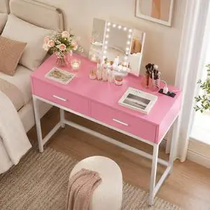 Vanity Desk with Mirror and Lights, 36'' Makeup Vanity Desk with Power Outlet, Small Vanities Set Dressing Table with Drawers for Bedroom, Pink Vanity Desk with Mirror and Lights, 36'' Makeup Vanity Desk with Power Outlet, Small Vanities Set Dressing Table with Drawers for Bedroom, Pink
