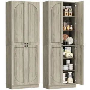 80" Kitchen Pantry, Extra Tall Arch Storage Cabinet with 4 Soft Close Doors and Adjustable Shelves, Freestanding Wood Cupboard with Seamless Fit Wall for Dining Living Room Bathroom Furniture 80" Kitchen Pantry, Extra Tall Arch Storage Cabinet with 4 Soft Close Doors and Adjustable Shelves, Freestanding Wood Cupboard with Seamless Fit Wall for Dining Living Room Bathroom Furniture