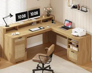 Farmhouse 63" L Shaped Desk with Drawers and Storage Shelf, Home Office Desk with Power Outlets, Storage Cabinet, Corner Computer Desk with Long Monitor Stand, Oak/Rattan Farmhouse 63" L Shaped Desk with Drawers and Storage Shelf, Home Office Desk with Power Outlets, Storage Cabinet, Corner Computer Desk with Long Monitor Stand, Oak/Rattan
