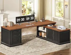 Farmhouse L Shaped Desk with Drawers, 70.9" Home Office Desk with Storage Cabinet and Storage Shelves, L Shaped Computer Desk with Power OutletBlack+Brown Farmhouse L Shaped Desk with Drawers, 70.9" Home Office Desk with Storage Cabinet and Storage Shelves, L Shaped Computer Desk with Power OutletBlack+Brown