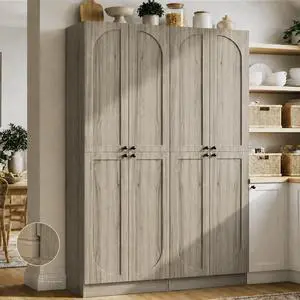 80" Kitchen Pantry, Extra Tall Arch Storage Cabinet with 8 Soft Close Doors and Adjustable Shelves, Freestanding Wood Cupboard with Seamless Fit Wall for Dining Living Room Bathroom Furniture 80" Kitchen Pantry, Extra Tall Arch Storage Cabinet with 8 Soft Close Doors and Adjustable Shelves, Freestanding Wood Cupboard with Seamless Fit Wall for Dining Living Room Bathroom Furniture