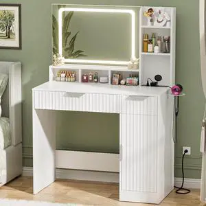 Fluted Vanity Desk with Mirror and Lights, Wood Makeup Vanity Desk with Power Strips, Modern Dressing Table with Drawers & Cabinet for Bedroom, White Fluted Vanity Desk with Mirror and Lights, Wood Makeup Vanity Desk with Power Strips, Modern Dressing Table with Drawers & Cabinet for Bedroom, White