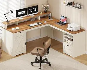 Farmhouse 63" L Shaped Desk with Drawers and Storage Shelf, Home Office Desk with Power Outlets, Storage Cabinet, Corner Computer Desk with Long Monitor Stand, Brown and White Farmhouse 63" L Shaped Desk with Drawers and Storage Shelf, Home Office Desk with Power Outlets, Storage Cabinet, Corner Computer Desk with Long Monitor Stand, Brown and White