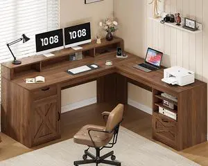 63" L Shaped Desk with Drawers, Farmhouse Corner Computer Desk with Power Outlets, Storage Cabinet, Home Office Executive Desk with Long Monitor Stand, Brown 63" L Shaped Desk with Drawers, Farmhouse Corner Computer Desk with Power Outlets, Storage Cabinet, Home Office Executive Desk with Long Monitor Stand, Brown