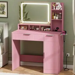Fluted Vanity Desk with Mirror and Lights, Wood Makeup Vanity Desk with Power Strips, Modern Dressing Table with Drawers & Cabinet for Bedroom, Pink Fluted Vanity Desk with Mirror and Lights, Wood Makeup Vanity Desk with Power Strips, Modern Dressing Table with Drawers & Cabinet for Bedroom, Pink