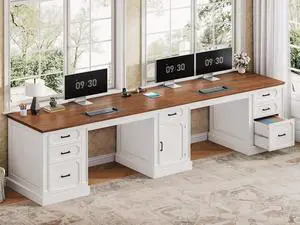Farmhouse 110.3" Two Person Desk with 7 Drawers, Long Computer Desk with Storage Cabinet, 2 Person Desk with Power Outlets for Home Office, White+Brown Farmhouse 110.3" Two Person Desk with 7 Drawers, Long Computer Desk with Storage Cabinet, 2 Person Desk with Power Outlets for Home Office, White+Brown