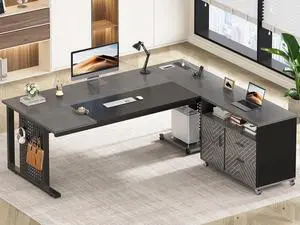 71" Executive Desk with Rolling File Cabinet, Large Office Desk with Drawers, L Shaped Computer Desk with Power Outlets, CPU Stand, Pegboard and Storage Shelves, Gray 71" Executive Desk with Rolling File Cabinet, Large Office Desk with Drawers, L Shaped Computer Desk with Power Outlets, CPU Stand, Pegboard and Storage Shelves, Gray