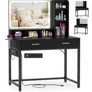 Small Vanity Desk, Vanity Desk with Mirror and Lights, Makeup Vanity Desks with Power Strip, Vanity Table with Drawers and Shelves, Adjustable Lighting, Dressing Table for Bedroom Room, Black Small Vanity Desk, Vanity Desk with Mirror and Lights, Makeup Vanity Desks with Power Strip, Vanity Table with Drawers and Shelves, Adjustable Lighting, Dressing Table for Bedroom Room, Black