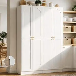80" Kitchen Pantry, Extra Tall Arch Storage Cabinet with 8 Soft Close Doors and Adjustable Shelves, Freestanding Wood Cupboard with Seamless Fit Wall for Dining Living Room Bathroom Furniture 80" Kitchen Pantry, Extra Tall Arch Storage Cabinet with 8 Soft Close Doors and Adjustable Shelves, Freestanding Wood Cupboard with Seamless Fit Wall for Dining Living Room Bathroom Furniture
