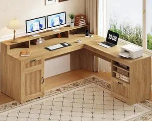 63" L Shaped Desk with Drawers, Farmhouse Corner Computer Desk with Power Outlets, Storage Cabinet, Home Office Executive Desk with Long Monitor Stand, Oak 63" L Shaped Desk with Drawers, Farmhouse Corner Computer Desk with Power Outlets, Storage Cabinet, Home Office Executive Desk with Long Monitor Stand, Oak
