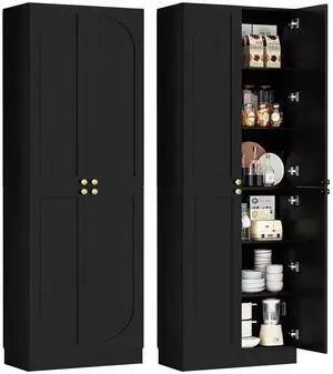 80" Kitchen Pantry, Extra Tall Arch Storage Cabinet with 4 Soft Close Doors and Adjustable Shelves, Freestanding Wood Cupboard with Seamless Fit Wall for Dining Living Room (Black, 1 Pack) 80" Kitchen Pantry, Extra Tall Arch Storage Cabinet with 4 Soft Close Doors and Adjustable Shelves, Freestanding Wood Cupboard with Seamless Fit Wall for Dining Living Room (Black, 1 Pack)