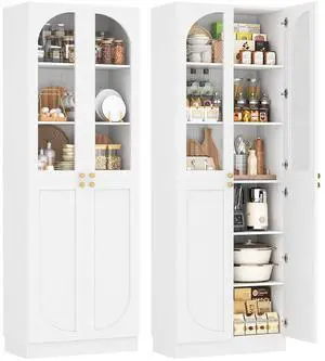 80" Kitchen Pantry, Tall Arch Storage Cabinet with Tempered Glass & Soft Close Doors, Freestanding Wood Floor Cupboard Bookcase with Seamless Fit Wall for Dining Living Room, Bathroom (White) 80" Kitchen Pantry, Tall Arch Storage Cabinet with Tempered Glass & Soft Close Doors, Freestanding Wood Floor Cupboard Bookcase with Seamless Fit Wall for Dining Living Room, Bathroom (White)