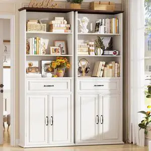 80" Tall Bookcase Set of 2, Farmhouse 2 Set Bookshelves with Drawer and Doors, Floor Standing 6 Shelf Display Storage Cabinet for Home Office, Living Room (2, Antique White/Walnut) 80" Tall Bookcase Set of 2, Farmhouse 2 Set Bookshelves with Drawer and Doors, Floor Standing 6 Shelf Display Storage Cabinet for Home Office, Living Room (2, Antique White/Walnut)