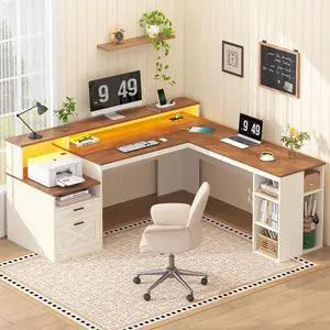 Farmhouse L Shaped Desk with Drawers & Storage Shelves, 63" Corner Computer Desk with Power Outlets & LED Lights, Home Office Desks with File Drawer, Monitor Stand, Brown and White Farmhouse L Shaped Desk with Drawers & Storage Shelves, 63" Corner Computer Desk with Power Outlets & LED Lights, Home Office Desks with File Drawer, Monitor Stand, Brown and White