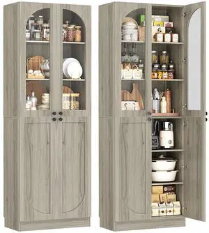 80" Kitchen Pantry, Tall Arch Storage Cabinet with Tempered Glass & Soft Close Doors, Freestanding Wood Floor Cupboard Bookcase with Seamless Fit Wall for Dining Room, Living Room, Bathroom 80" Kitchen Pantry, Tall Arch Storage Cabinet with Tempered Glass & Soft Close Doors, Freestanding Wood Floor Cupboard Bookcase with Seamless Fit Wall for Dining Room, Living Room, Bathroom