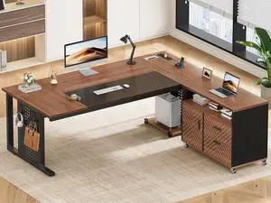 71" Executive Desk with Rolling File Cabinet, Large Office Desk with Drawers, L Shaped Computer Desk with Power Outlets, CPU Stand, Pegboard and Storage Shelves, Brown 71" Executive Desk with Rolling File Cabinet, Large Office Desk with Drawers, L Shaped Computer Desk with Power Outlets, CPU Stand, Pegboard and Storage Shelves, Brown