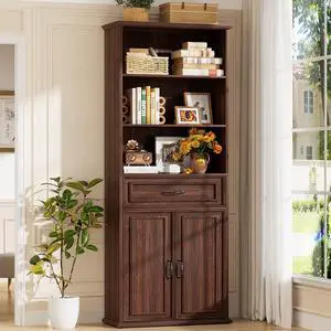 80" Tall Bookcase, Farmhouse Bookshelves with Drawer and Doors, Floor Standing 6 Shelf Display Storage Cabinet for Home Office, Living Room (1, Black Walnut) 80" Tall Bookcase, Farmhouse Bookshelves with Drawer and Doors, Floor Standing 6 Shelf Display Storage Cabinet for Home Office, Living Room (1, Black Walnut)