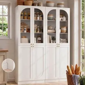 80" Kitchen Pantry, Tall Arch Storage Cabinet with Tempered Glass & Soft Close Doors, Freestanding Wood Floor Cupboard Bookcase with Seamless Fit Wall for Dining Room, Living Room, Bathroom 80" Kitchen Pantry, Tall Arch Storage Cabinet with Tempered Glass & Soft Close Doors, Freestanding Wood Floor Cupboard Bookcase with Seamless Fit Wall for Dining Room, Living Room, Bathroom