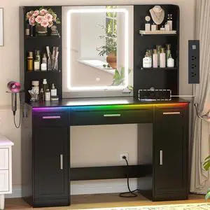 Makeup Vanity Desk with Mirror and Lights, Vanity Table with Power Outlet & Hair Dryer Rack, App Control RGB, 3 Drawers & 2 Cabinets for Storage, 41.3", Black Makeup Vanity Desk with Mirror and Lights, Vanity Table with Power Outlet & Hair Dryer Rack, App Control RGB, 3 Drawers & 2 Cabinets for Storage, 41.3", Black