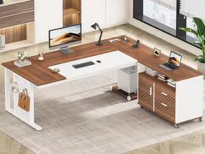 71" Executive Desk with Rolling File Cabinet, Large Office Desk with Drawers, L Shaped Computer Desk with Power Outlets, CPU Stand, Pegboard and Storage Shelves, White 71" Executive Desk with Rolling File Cabinet, Large Office Desk with Drawers, L Shaped Computer Desk with Power Outlets, CPU Stand, Pegboard and Storage Shelves, White