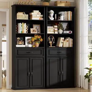 80" Tall Bookcase Set of 2, Farmhouse 2 Set Bookshelves with Drawer and Doors, Floor Standing 6 Shelf Display Storage Cabinet for Home Office, Living Room (2, Black) 80" Tall Bookcase Set of 2, Farmhouse 2 Set Bookshelves with Drawer and Doors, Floor Standing 6 Shelf Display Storage Cabinet for Home Office, Living Room (2, Black)