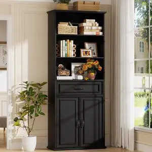 80" Tall Bookcase, Farmhouse Bookshelves with Drawer and Doors, Floor Standing 6 Shelf Display Storage Cabinet for Home Office, Living Room (1, Black) 80" Tall Bookcase, Farmhouse Bookshelves with Drawer and Doors, Floor Standing 6 Shelf Display Storage Cabinet for Home Office, Living Room (1, Black)