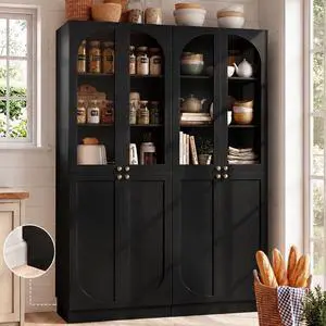 80" Kitchen Pantry, Tall Arch Storage Cabinet with Tempered Glass & Soft Close Doors, Freestanding Wood Floor Cupboard Bookcase with Seamless Fit Wall for Dining Room, Living Room, Bathroom 80" Kitchen Pantry, Tall Arch Storage Cabinet with Tempered Glass & Soft Close Doors, Freestanding Wood Floor Cupboard Bookcase with Seamless Fit Wall for Dining Room, Living Room, Bathroom
