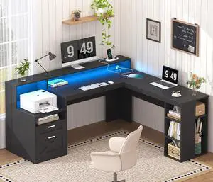 Farmhouse 63" L Shaped Desk with Drawers & Storage Shelves, Black L Shaped Executive Desk with Power Outlets & LED Lights, Home Office Desks with File Drawer, Printer Shelf, Monitor Stand Farmhouse 63" L Shaped Desk with Drawers & Storage Shelves, Black L Shaped Executive Desk with Power Outlets & LED Lights, Home Office Desks with File Drawer, Printer Shelf, Monitor Stand