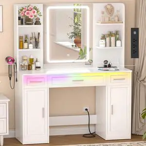Makeup Vanity Desk with Mirror and Lights, Vanity Table with Power Outlet & Hair Dryer Rack, App Control RGB, 3 Drawers & 2 Cabinets for Storage, 41.3", White Makeup Vanity Desk with Mirror and Lights, Vanity Table with Power Outlet & Hair Dryer Rack, App Control RGB, 3 Drawers & 2 Cabinets for Storage, 41.3", White