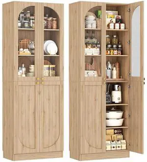 80" Kitchen Pantry, Tall Arch Storage Cabinet with Tempered Glass & Soft Close Doors, Freestanding Wood Floor Cupboard Bookcase with Seamless Fit Wall for Dining Room, Living Room, Bathroom 80" Kitchen Pantry, Tall Arch Storage Cabinet with Tempered Glass & Soft Close Doors, Freestanding Wood Floor Cupboard Bookcase with Seamless Fit Wall for Dining Room, Living Room, Bathroom