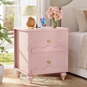 Pink Nightstand with Charging Station, Scalloped Bedside Table with 2 Smooth Drawers, Modern End Table with Solid Wood Legs for Bedroom and Small Spaces Pink Nightstand with Charging Station, Scalloped Bedside Table with 2 Smooth Drawers, Modern End Table with Solid Wood Legs for Bedroom and Small Spaces