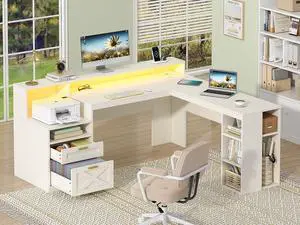 Farmhouse 63" L Shaped Desk with Drawers & Storage Shelves, White Corner Desk with Power Outlets & LED Lights, Home Office Desks with File Drawer, Printer Shelf, Monitor Stand Farmhouse 63" L Shaped Desk with Drawers & Storage Shelves, White Corner Desk with Power Outlets & LED Lights, Home Office Desks with File Drawer, Printer Shelf, Monitor Stand