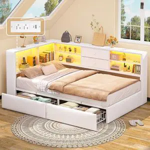 Twin Corner Bed Frame with Storage Bookcase and 4 Drawers, Upholstered Daybed Twin Size with Charging Station & LED Lights, White L-Shape Twin Size Bed Frames Metal Platform Bed for Kids Teenagers Twin Corner Bed Frame with Storage Bookcase and 4 Drawers, Upholstered Daybed Twin Size with Charging Station & LED Lights, White L-Shape Twin Size Bed Frames Metal Platform Bed for Kids Teenagers