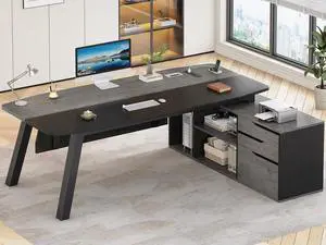 71" Executive Desk with File Cabinet, Large Office Desk with Drawers and Shelves, L Shaped Computer Desk with Power Outlets, Business Furniture Desk Workstation for Home Office, Gray 71" Executive Desk with File Cabinet, Large Office Desk with Drawers and Shelves, L Shaped Computer Desk with Power Outlets, Business Furniture Desk Workstation for Home Office, Gray