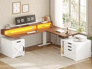 Farmhouse L Shaped Standing Desk, 70.1" x 73.2" Height Adjustable Home Office Executive Desk with Drawers, Power Outlet, Monitor Stand, Sit Stand Table with Led Lights for Home Office, White Farmhouse L Shaped Standing Desk, 70.1" x 73.2" Height Adjustable Home Office Executive Desk with Drawers, Power Outlet, Monitor Stand, Sit Stand Table with Led Lights for Home Office, White