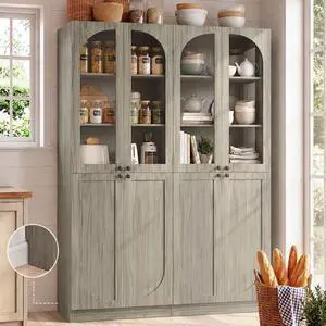 80" Kitchen Pantry, Tall Arch Storage Cabinet with Tempered Glass & Soft Close Doors, Freestanding Wood Floor Cupboard Bookcase with Seamless Fit Wall for Dining Room, Living Room, Bathroom 80" Kitchen Pantry, Tall Arch Storage Cabinet with Tempered Glass & Soft Close Doors, Freestanding Wood Floor Cupboard Bookcase with Seamless Fit Wall for Dining Room, Living Room, Bathroom