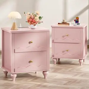 Pink Nightstand with Charging Station Set of 2, Scalloped Bedside Table with 2 Smooth Drawers, Modern End Table with Solid Wood Legs for Bedroom and Small Spaces Pink Nightstand with Charging Station Set of 2, Scalloped Bedside Table with 2 Smooth Drawers, Modern End Table with Solid Wood Legs for Bedroom and Small Spaces