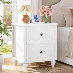 White Nightstand with Charging Station, Scalloped Bedside Table with 2 Smooth Drawers, Modern End Table with Solid Wood Legs for Bedroom and Small Spaces White Nightstand with Charging Station, Scalloped Bedside Table with 2 Smooth Drawers, Modern End Table with Solid Wood Legs for Bedroom and Small Spaces