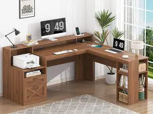 63" Farmhouse L Shaped Desk with Drawers & Storage Shelves, Executive Home Office Desk with Power Outlets & LED Lights, Wood Corner Desk with Monitor Stand, File Drawer, Printer Shelf, Brown 63" Farmhouse L Shaped Desk with Drawers & Storage Shelves, Executive Home Office Desk with Power Outlets & LED Lights, Wood Corner Desk with Monitor Stand, File Drawer, Printer Shelf, Brown