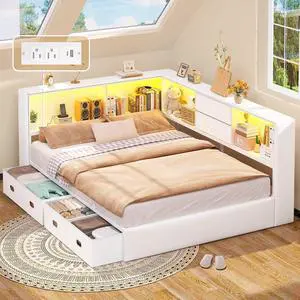 Full Corner Bed Frame with Storage Bookcase and 6 Drawers, Upholstered Daybed Full Size with Charging Station & LED Lights, L-Shape Full Size Bed Frames Metal Platform Bed for Kids Teenagers, White Full Corner Bed Frame with Storage Bookcase and 6 Drawers, Upholstered Daybed Full Size with Charging Station & LED Lights, L-Shape Full Size Bed Frames Metal Platform Bed for Kids Teenagers, White