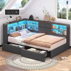 Twin Corner Bed Frame with Storage Bookcase and 4 Drawers, Upholstered Daybed Twin Size with Charging Station & LED Lights, L-Shape Twin Size Bed Frames Metal Platform Bed for Kids Teenagers, Oak Grey Twin Corner Bed Frame with Storage Bookcase and 4 Drawers, Upholstered Daybed Twin Size with Charging Station & LED Lights, L-Shape Twin Size Bed Frames Metal Platform Bed for Kids Teenagers, Oak Grey