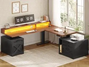 Farmhouse L Shaped Standing Desk, 70.1" x 73.2" Height Adjustable Home Office Executive Desk with Drawers, Power Outlet, Monitor Stand, Sit Stand Table with Led Lights for Home Office, Black Farmhouse L Shaped Standing Desk, 70.1" x 73.2" Height Adjustable Home Office Executive Desk with Drawers, Power Outlet, Monitor Stand, Sit Stand Table with Led Lights for Home Office, Black