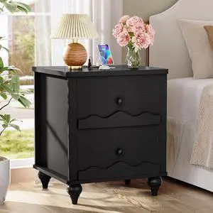 Black Nightstand with Charging Station, Scalloped Bedside Table with 2 Smooth Drawers, Modern End Table with Solid Wood Legs for Bedroom and Small Spaces Black Nightstand with Charging Station, Scalloped Bedside Table with 2 Smooth Drawers, Modern End Table with Solid Wood Legs for Bedroom and Small Spaces