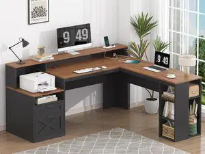 Farmhouse 63" L Shaped Desk with Drawers & Storage Shelves, Black L Shaped Executive Desk with Power Outlets & LED Lights, Home Office Desks with File Drawer, Monitor Stand, Brown & Black Farmhouse 63" L Shaped Desk with Drawers & Storage Shelves, Black L Shaped Executive Desk with Power Outlets & LED Lights, Home Office Desks with File Drawer, Monitor Stand, Brown & Black