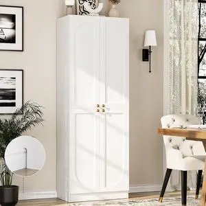 80" Storage Cabinet, Tall Arched Bookcase with 4 Soft Close Doors, 6-Tier Wooden Pantry with Adjustable Shelves, Seamless Fit Wall for Home Office, Living Room, Kitchen (White) 80" Storage Cabinet, Tall Arched Bookcase with 4 Soft Close Doors, 6-Tier Wooden Pantry with Adjustable Shelves, Seamless Fit Wall for Home Office, Living Room, Kitchen (White)