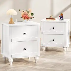White Nightstand with Charging Station Set of 2, Scalloped Bedside Table with 2 Smooth Drawers, Modern End Table with Solid Wood Legs for Bedroom and Small Spaces White Nightstand with Charging Station Set of 2, Scalloped Bedside Table with 2 Smooth Drawers, Modern End Table with Solid Wood Legs for Bedroom and Small Spaces