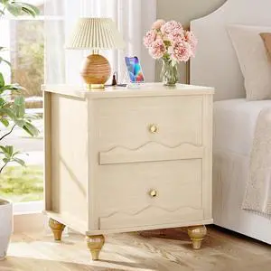 Natural Wood Nightstand with Charging Station, Scalloped Bedside Table with 2 Smooth Drawers, Modern End Table with Solid Wooden Legs for Bedroom and Small Spaces Natural Wood Nightstand with Charging Station, Scalloped Bedside Table with 2 Smooth Drawers, Modern End Table with Solid Wooden Legs for Bedroom and Small Spaces