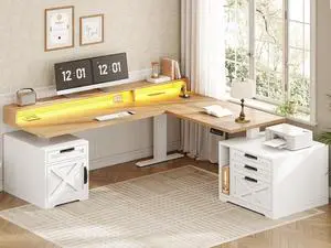 Farmhouse L Shaped Standing Desk, 70.1" x 73.2" Height Adjustable Home Office Executive Desk with Drawers, Power Outlet, Monitor Stand, Sit Stand Table with Led Lights for Home Office, Oak Farmhouse L Shaped Standing Desk, 70.1" x 73.2" Height Adjustable Home Office Executive Desk with Drawers, Power Outlet, Monitor Stand, Sit Stand Table with Led Lights for Home Office, Oak