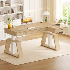 59 Inch L Shaped Electric Standing Desk with Drawers, Executive Adjustable Desk with Power Outlets, Sit Stand Computer Table for Home Office, Oak 59 Inch L Shaped Electric Standing Desk with Drawers, Executive Adjustable Desk with Power Outlets, Sit Stand Computer Table for Home Office, Oak
